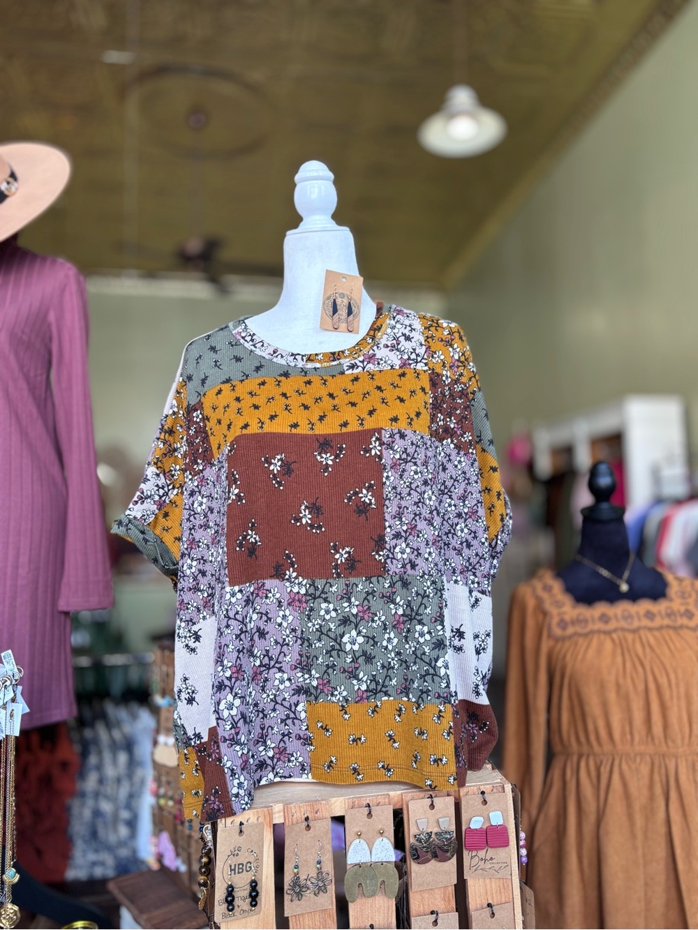 Patchwork Floral Short Sleeve Top in Mustard and Rust - Women
